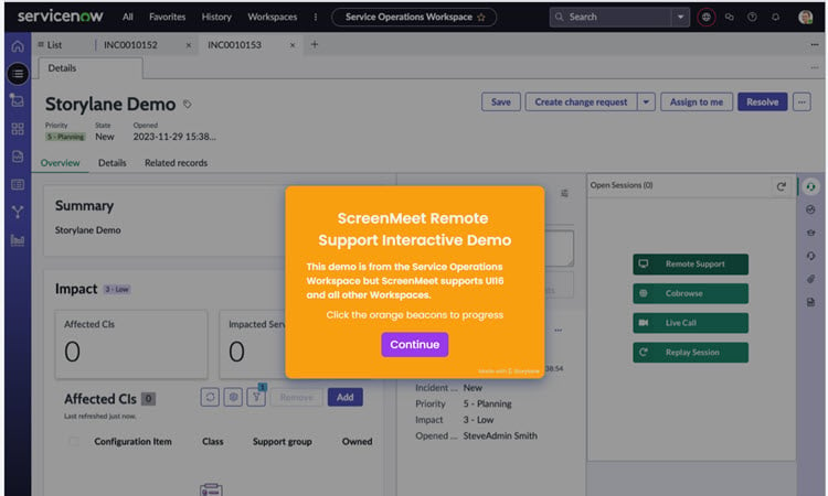 Interactive demo of ScreenMeet Remote Support for ServiceNow