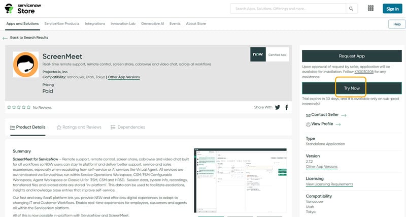 Download ScreenMeet from the ServiceNow Store