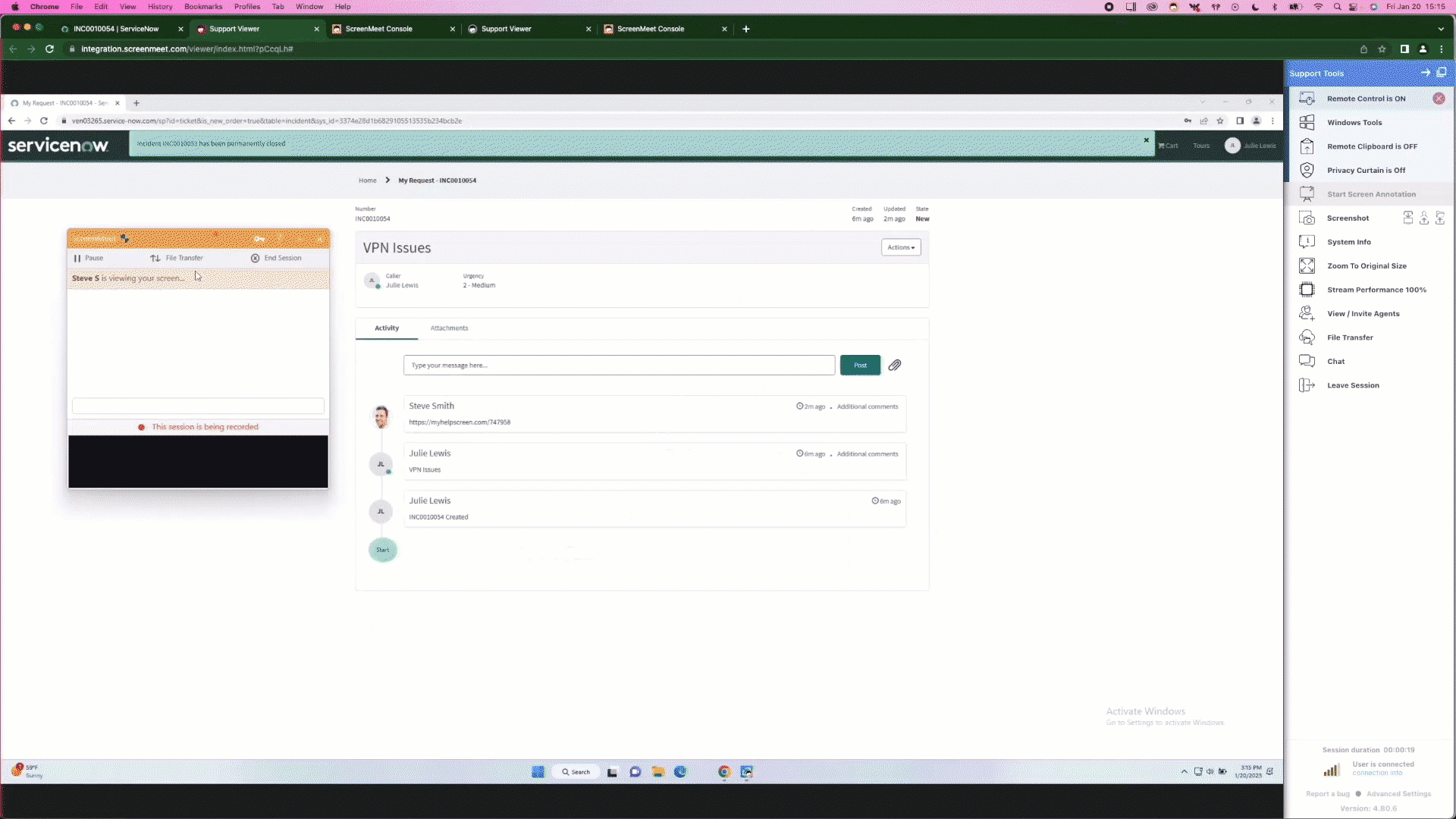 ScreenMeet with Embedded ServiceNow Remote Support-connection