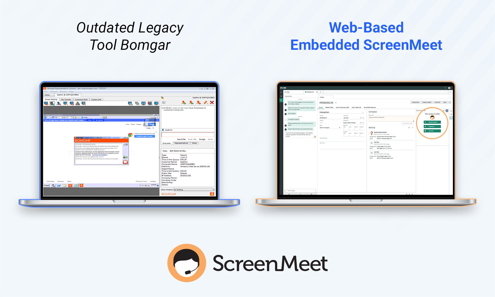 GUI Comparison Bomgar versus Embedded ScreenMeet
